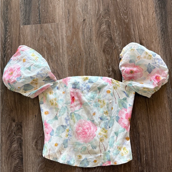 Bardot Tops - Bardot Floral Crop Top - Pink and Green